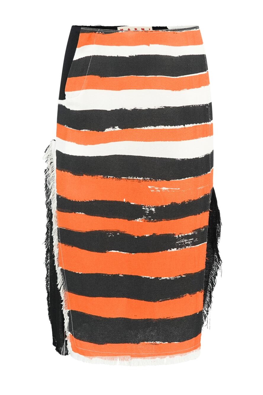 Marni by Francesco Risso SS21 Brushstroke Painted Stripe Fringed Wrap Midi Skirt